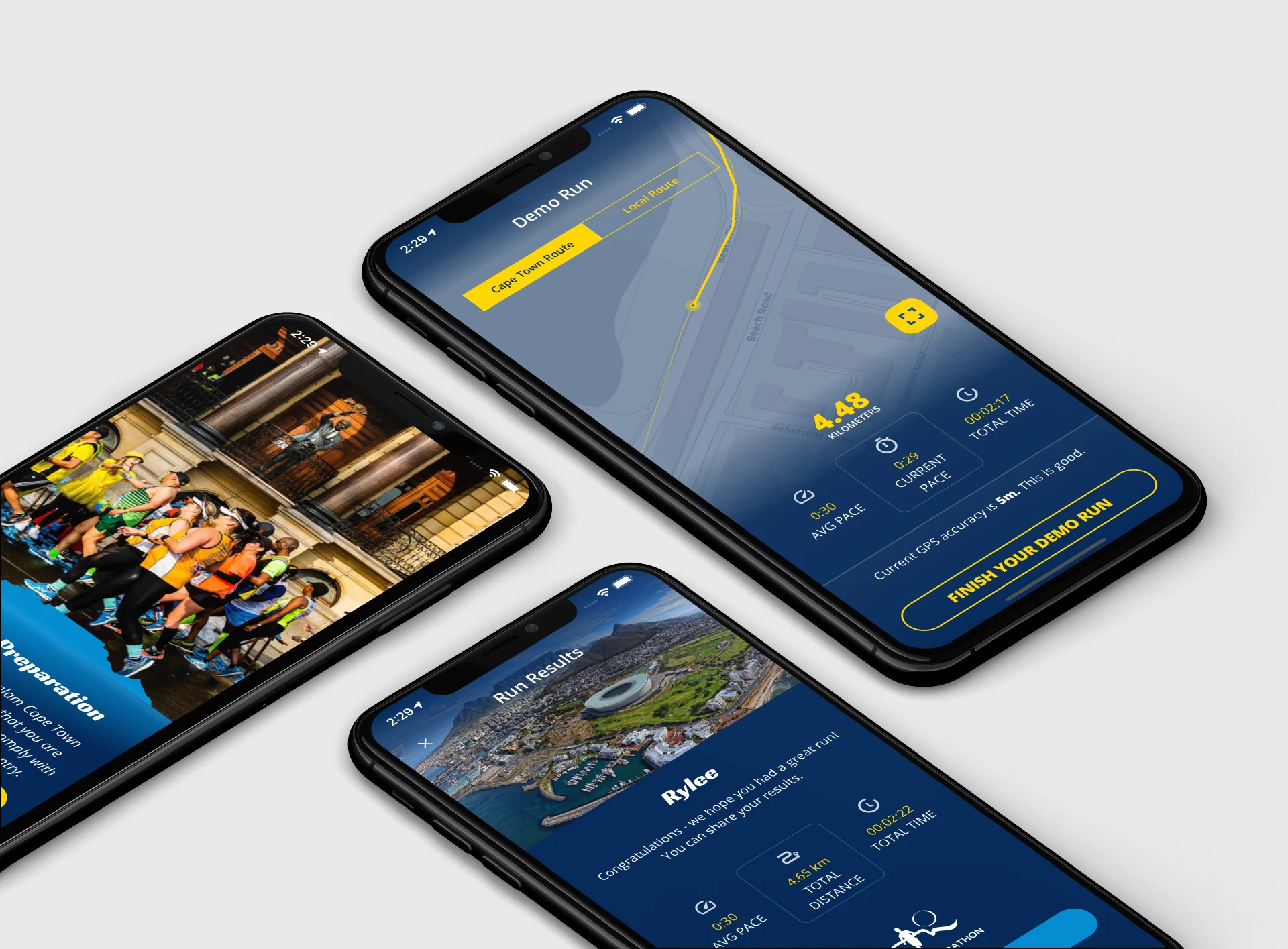 Cape Town Marathon Tracking-App von IRTECH auf drei Smartphones: Streckenansicht mit Live-Pace, GPS-Genauigkeit und Auswertung